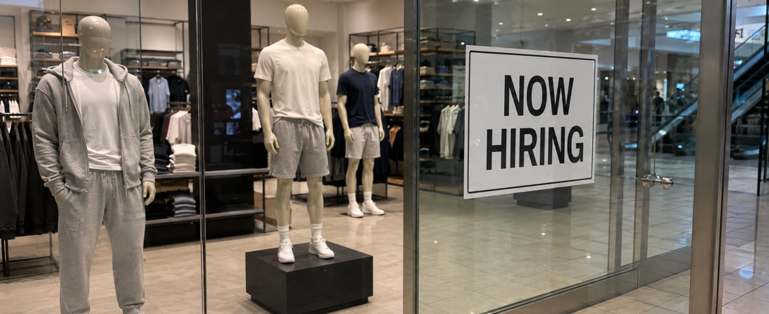 Montra de uma loja com manequins e um cartaz com a expressão “Now Hiring”.