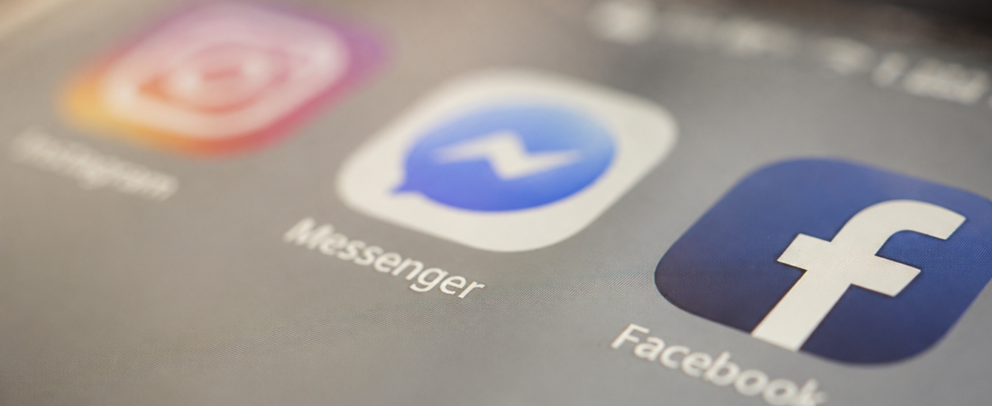 Ícones do Facebook, Instagram e Messenger num ecrã de dispositivo móvel.
